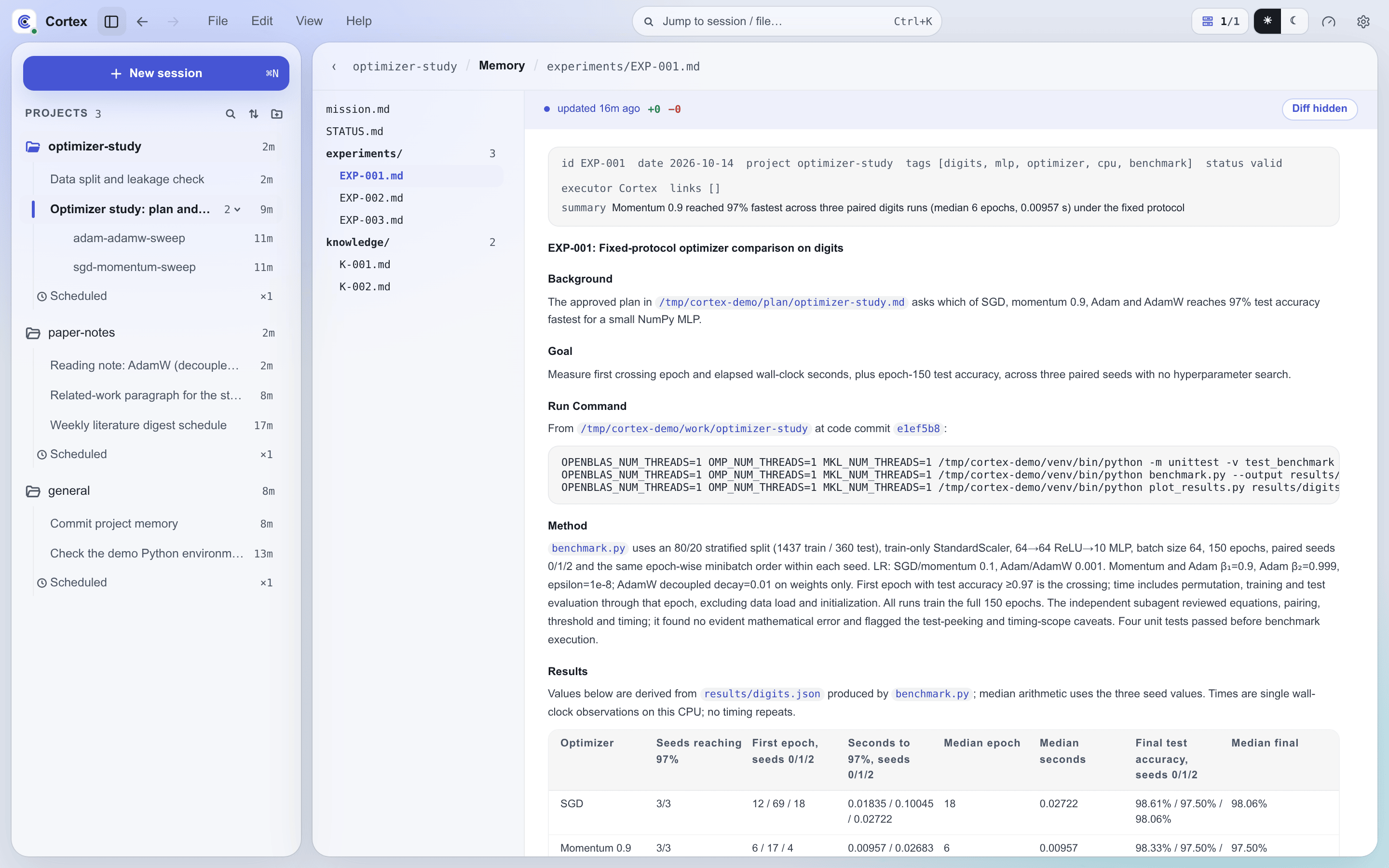 The Memory view: a project's file tree and a rendered experiment record