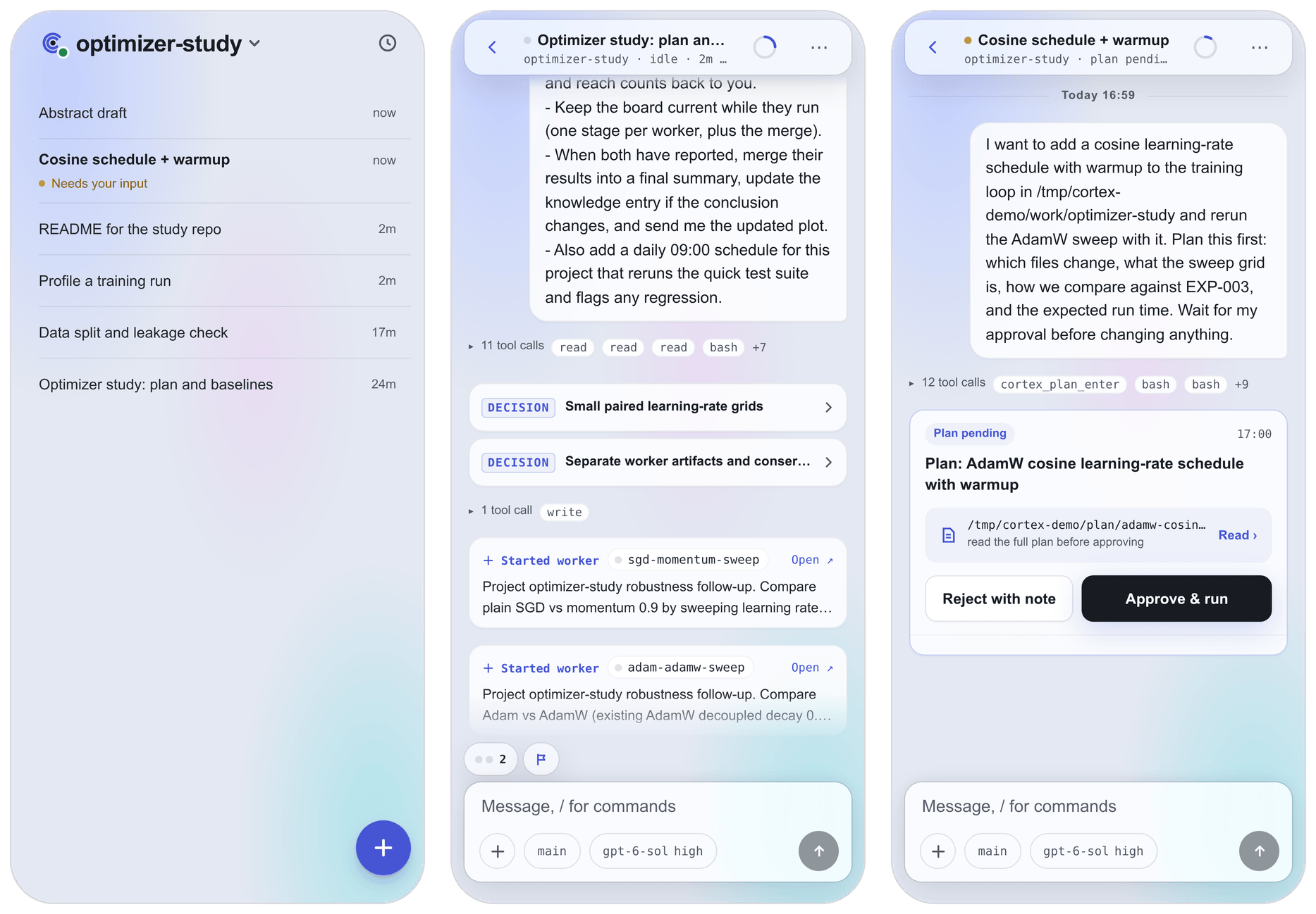 The Android app: session list, a lead session with decisions and workers, and a plan waiting for approval