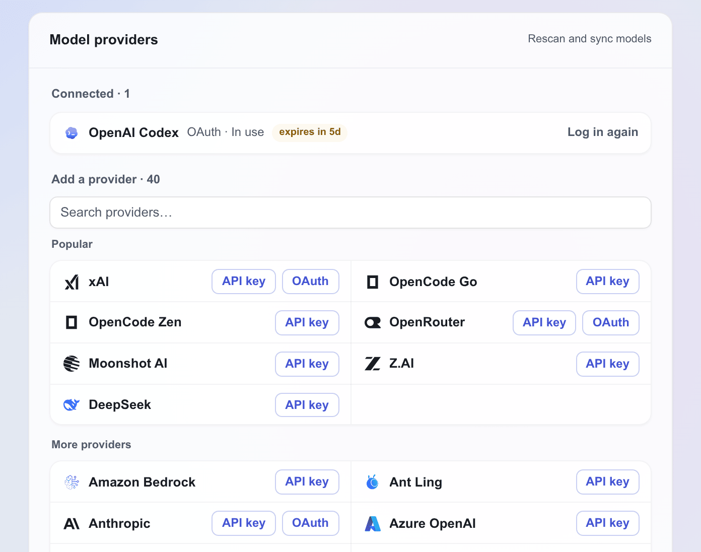 Model providers: a connected OpenAI Codex login and the catalog of providers to add