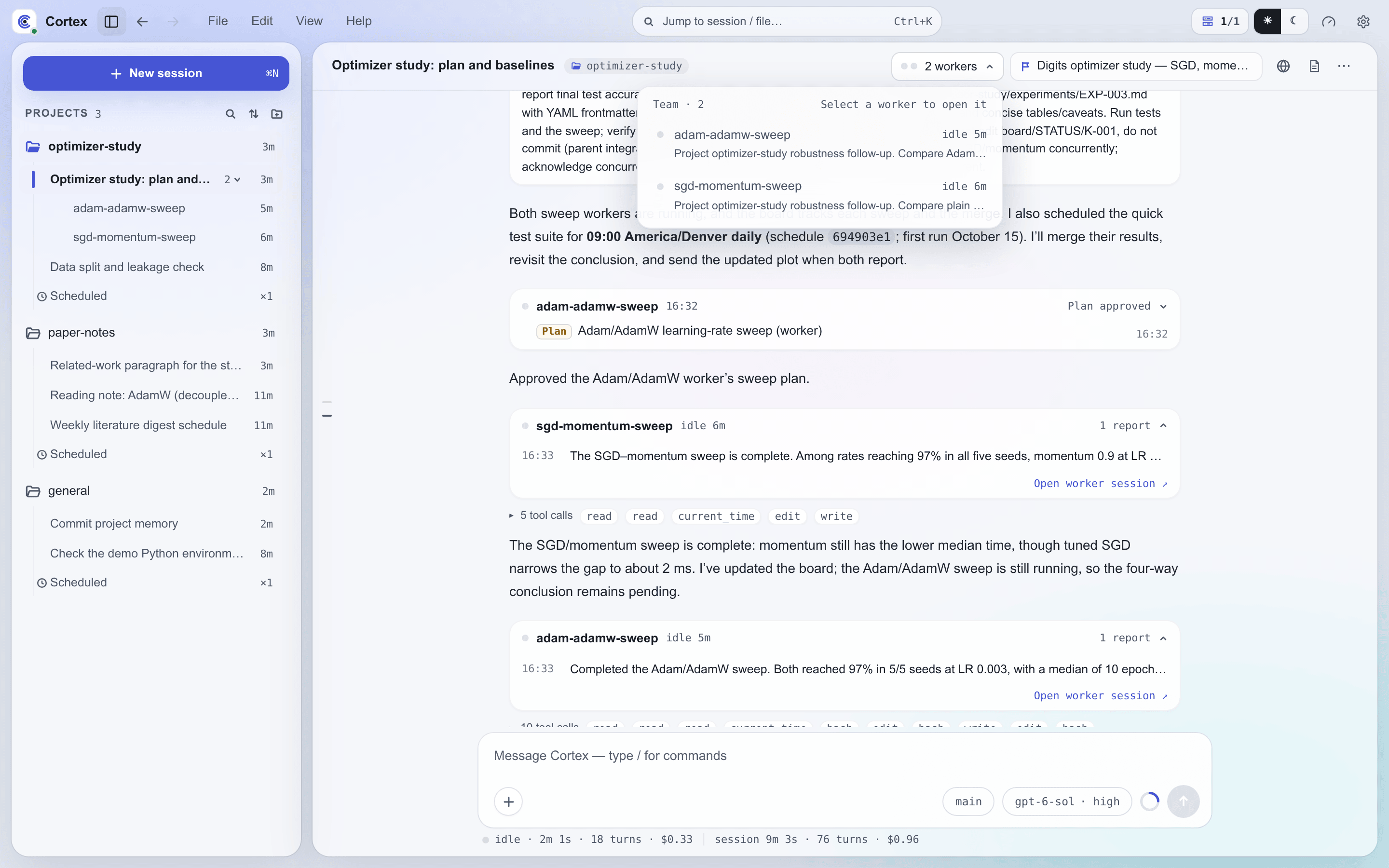 A lead session with its team list open, an approved worker plan, and two worker report cards