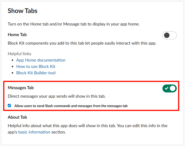 在 App Home 中启用 Messages Tab